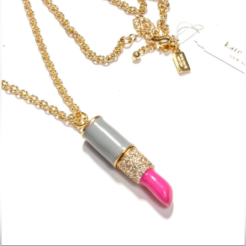 KATE SPADE ♠️ 💄 NEW YORK KISS & MAKE UP LIPSTICK PENDANT NECKLACE enamel pave